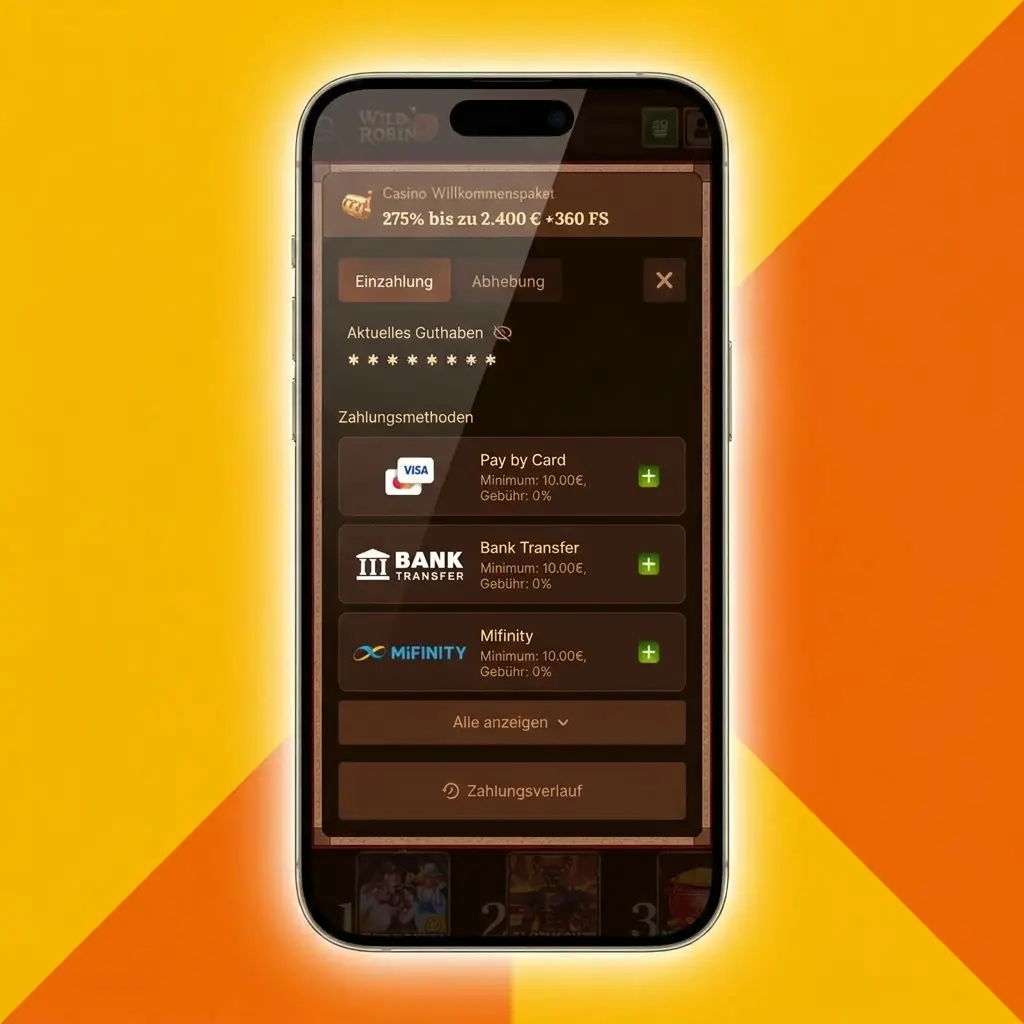 Step-by-step guide showing how to deposit funds at Wild Robin casino using card, bank transfer, or crypto