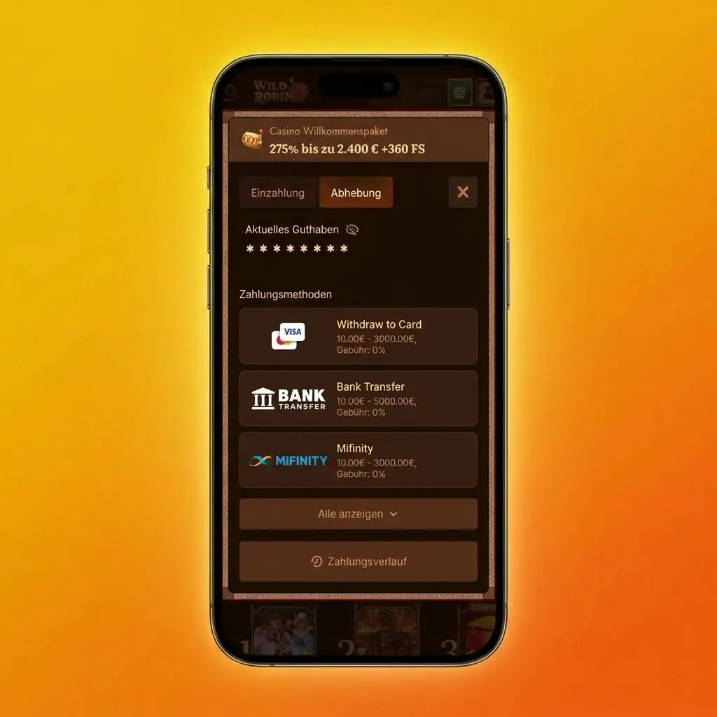 Step-by-step guide showing how to withdraw money from Wild Robin account via withdrawal menu