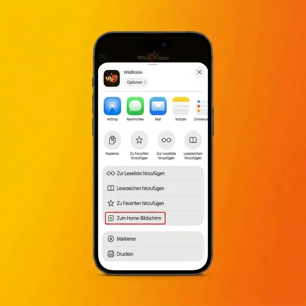 Step-by-step guide to install Wild Robin PWA on iOS via Safari share menu and home screen icon