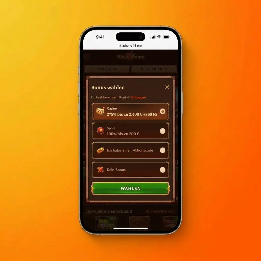 Wild Robin registration steps: enter email, choose password and EUR currency, select Germany, confirm via email
