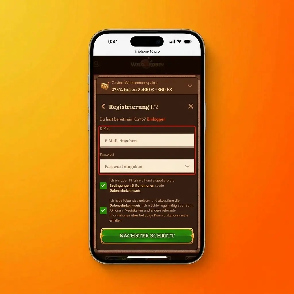 Wild Robin 4-step registration process: sign up, enter email and password, select country, confirm email.